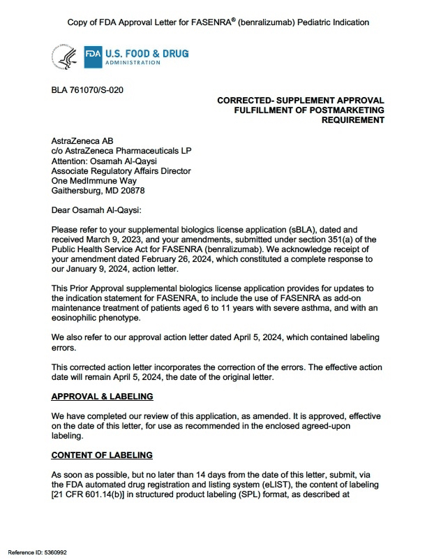 Fasenra FDA Approval Letter Fasenra_FDA_Approval_Letter
